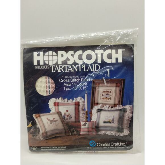 Hopscotch Tartan Pink, Gray & Blue Plaid 14 ct 15” X 15” Cross Stitch Fabric - Picture 1 of 2